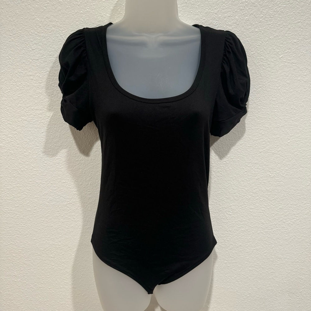 gaze black short puff sleeve thong bodysuit scoop neck shirt blouse top